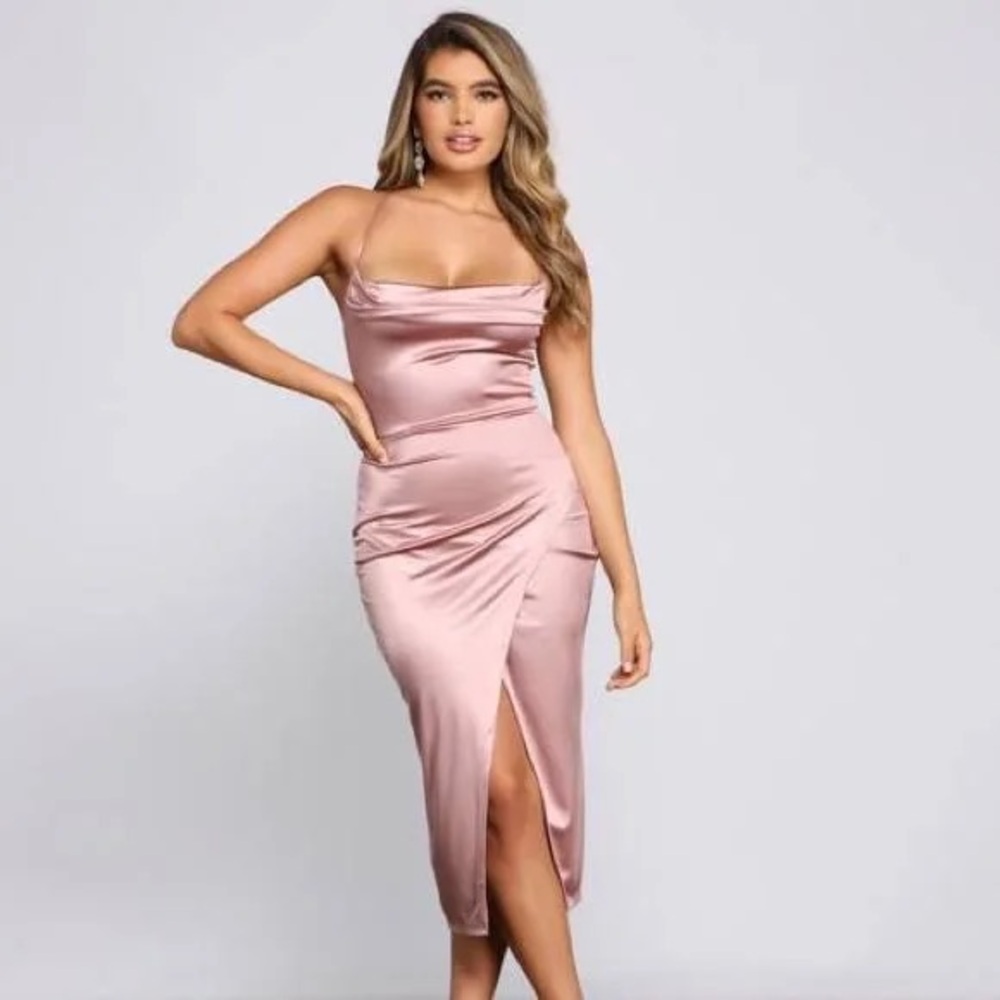 Windsor Satin Midi Cowl Neck Dress, Size S